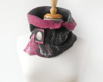 Grey Wool Felt Scarf - Pink and Gray Neckwarmer with Scarf Pin - Felted Scarves
