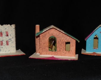 1950s Set of 3 Mica Christmas Houses (One Church)