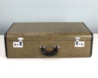 Vintage Tweed Hartmann Suitcase with Leather Trim and Leather Handle, Two Keys with Initials, FIlm Prop, 1930s 1940s Theater Stage Decor