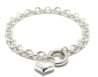 Big silver heart charm bracelet puffy heart charm bracelet heavy silver bracelet puffed heart wedding gift jewelry big silver clasp bracelet
