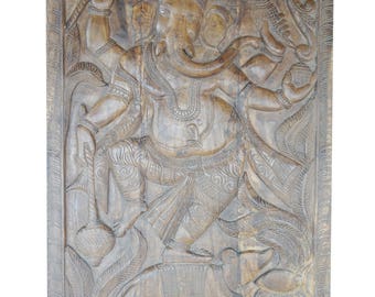 Vintage India Hand Carved Wood Wall Sculpture Ganesha Door Panel Natural Finish Grounding CHAKRA Zen Interior Design
