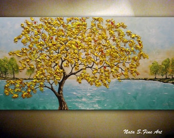 Fall Tree Painting, 48" Turquoise Lake Painting, Autumn Tree Art, Acrylic Painting, Seasons, Landscape, Colorful Large Artwork by Nata