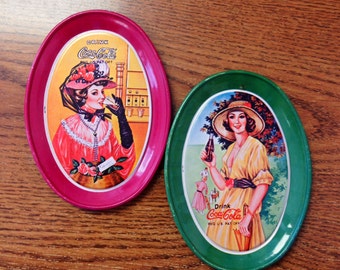 Vintage 1960s Small Oval Tin Coca-Cola Trays / Coke Trays/ Tin Coke Trays