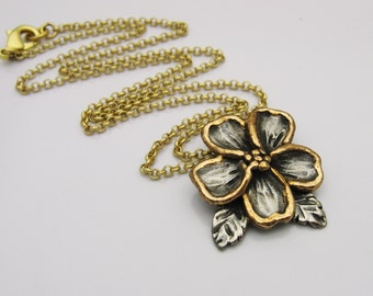 Mixed Metal Necklace,Flower Necklace, Copper Necklace, Bronze Necklace, Dark Silver Necklace, Rustic Necklace, Silver and Gold Necklace
