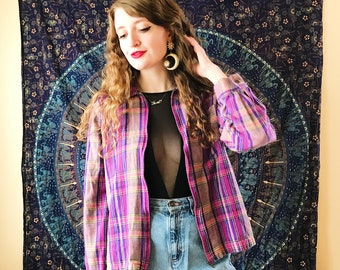 Vintage 90s Magenta Plaid Zip Up Flannel, Size S/M