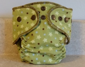 Fitted Preemie Newborn Cloth Diaper- 4 to 9 pounds- Green Stars- 16030