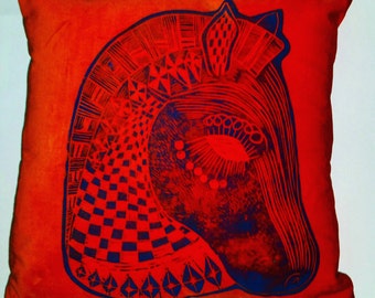 Horse head retro mid century inspired cushion/pillow handmade and handprinted using intricately cut lino block designs