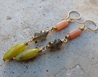 Long Gold/Brass & Gemstone Dangle Earrings. Olive Jade, Pink and Gray Moonstones . Rustic Southwest Boho Tribal Style Jewelry