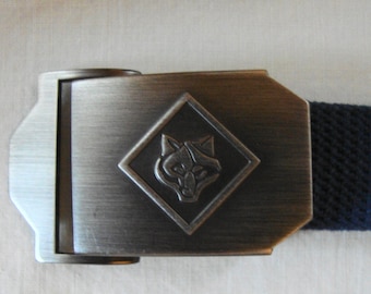Vintage CUB SCOUT BELT Wolf Cub Face Within A Triangle Brushed Metal Buckle Boys Navy Cotton Belt 29 Inch Boys Cub Scout Belt Wolf Face
