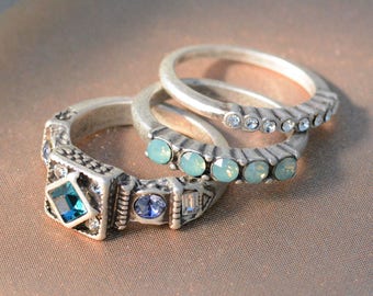Set of 3 Silver Stack Rings, Gypsy Stacking Rings Set, Swarovski Crystal Rings, Stackable Rings, Boho Rings, Inspirational Jewelry R102