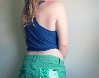 Mermaid Scales Green Ariel Shell Denim Destroyed Shorts
