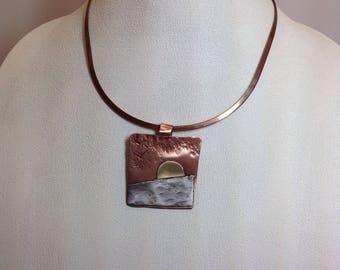 Stunning copper brass and silver sunset pendant with neck wire