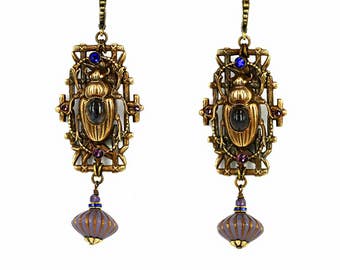 Egyptian Scarab jewelry Vintage Earrings Beetle earrings scarabs jewelry brass Ametrine Violet Blue Swarovski