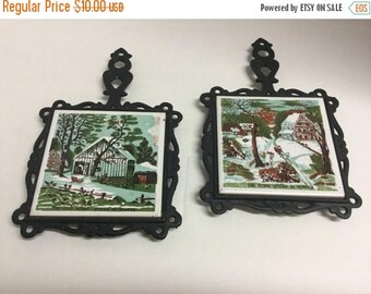 Sale Vintage Cast Iron Tile Trivet Trivets The Home Stead in Winter Homestead The Old Home Stead in Winter