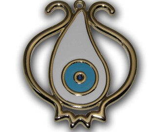 Blue Evil Eye Metal Pomegranate Charm - Greek Product - Polished Brass Plated - Red Evil Eye - Enamel Color - Good Luck Charm