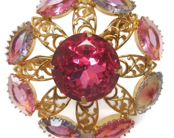 Gorgeous Pink and Violet Givre Rhinestone Filigree Brooch Mad Men