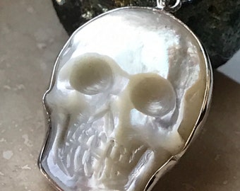 Hand Carved Mother of Pearl Skull Pendant