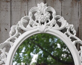 Wall Mirror, Shabby Chic, Baroque Mirror, White, Oval, Upcycled, Ornate, Wedding Decor, Painted Mirror, Hollywood Regency, Photo Prop