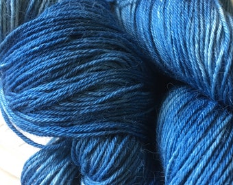 Woad dyed Alpaca,Mulberry Silk and Cashmere sock yarn.