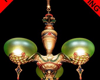 Antique Art Deco Green Glass 3 Light Slip Shade Chandelier Lamp Pendant Ceiling Fixture Lighting by Gill c1930s