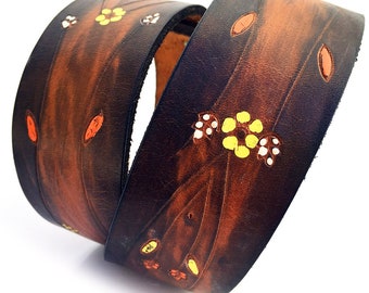 Rustic Flower Tooled Leather Dog Collar, Custom Size For You, Small Medium Large Dog, Recycled Belt Leather Collar, Seattle Handmade, OOAK