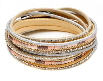 Beige, Leather Crystal Wrap Bracelet / Choker