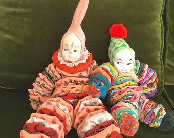 Yo Yo Rag Dolls Vintage Hand Sewn Fabric Clowns