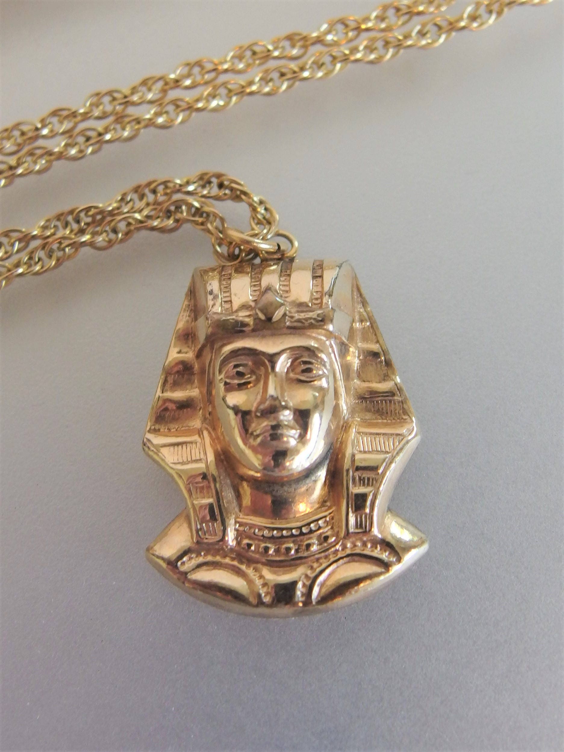 Vintage 12k Gf King Tut Pendant Necklace 1970s Egyptian Zoom