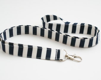 Navy and White Striped Fabric Lanyard with Swivel Clasp - Cute Key Lanyard - Nurse or Teacher Lanyard - 3/4 Inch Wide Key Strap - 19.5 Inch