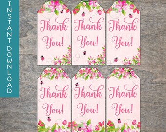 Pink Ladybug Gift Tags | Floral Watercolor Garden Party Baby Shower Birthday Spring Flowers Wood Goodie Bag Digital | INSTANT DOWNLOAD