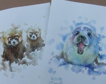 Original Watercolor Art Postcards Set of 2 Seal, Teddy Bear