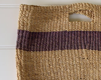 Vintage Tote Bag - Esprit Straw Tote with Handle - Natural with Purple Stripe- Market Tote