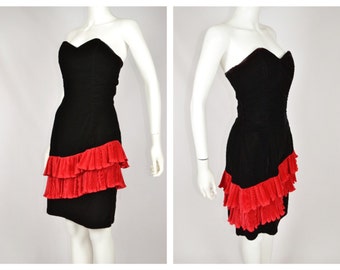 Vintage Deep Black Red Velvet Strapless 80's 1980's wiggle Dress with Concertina Ruffle ysl style S UK 10