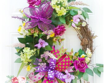Spring Door Wreath, Spring Wreath for Door, Floral Wreath, Door Decor, Floral Decor, Floral Door Hanger, Spring Decor, Butterfly Decor