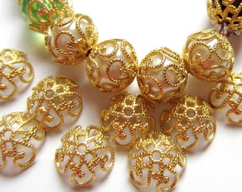 35 Filigree bead caps gold vintage style 8mm x 2.5mm jewelry making supplies EC128-G (SR7)