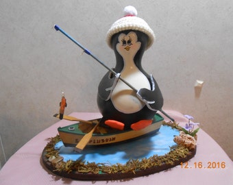 Fisherman penguin painted gourd