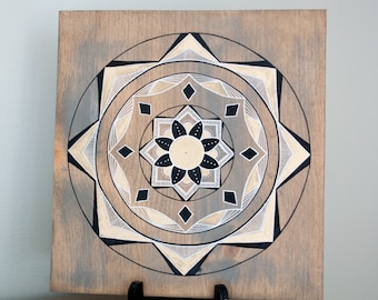Mandala Art- Mandala on Distressed Wood- Mandala Wall Hanging- Mandala Decor- Black/Gold Mandala