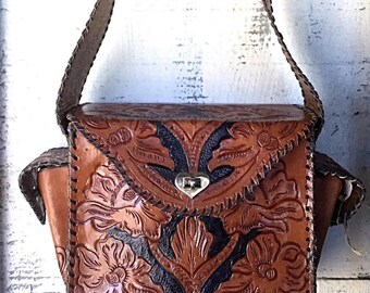 SALE! Large Vintage 70's Tooled Leather Featival Handbag Purse