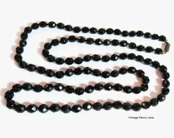 Vintage Glass Bead Necklace, French Jet Black, 38 Inch Long