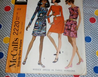 1960s Vintage McCalls Pattern 2220 for Misses Dress Size 12 Bust 34", Waist 25 1/2" Hip 36"