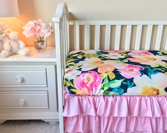 Floral Knit Bumperless Bedding, Baby Pink Bumperless Crib Bedding, Navy Watercolor Floral Baby Bedding, Pink and Navy Nursery, Pink Crib