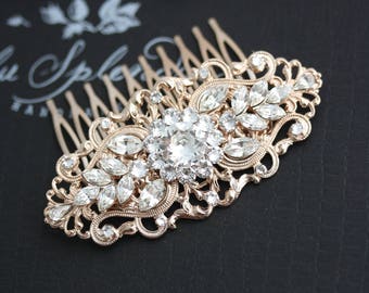 Rose Gold Wedding Hair Comb Art Deco Bridal Hair Accessories Vintage Filigree Comb Pearl Crystal Hair Piece for Bride . BELLA