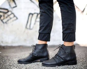 SALE, Black Leather Boots, Lace Up Boots, Ankle Boots, Black Booties, Ankle Booties, Handmade Boots, Slouch Boots, Riding Boots, Gia