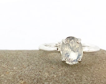bohemian rainbow moonstone engagement ring by peacesofindigo . Ready to ship in size 5