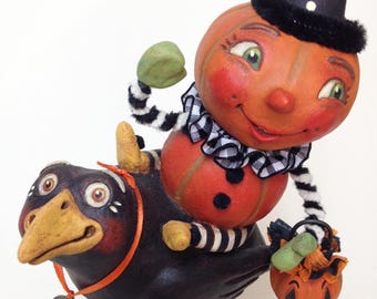 Pumpkin Patty’s Fun Flight, EHAG, Hand sculpted OOAK original paper mâché, Halloween, Trick or Treat, pumpkin, crow, artist Alycia Matthews