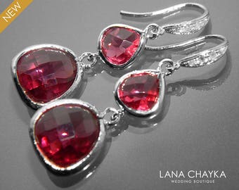 Ruby Silver Earrings Ruby Crystal Earrings Ruby Pink Teardrop Earrings Bridesmaid Ruby Jewelry July Birthstone Chandelier Dark Pink Earrings