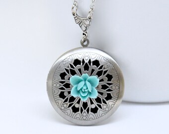 Teal Blue Flower Locket Necklace, Antique Silver Locket, Filigree Locket, Lotus Flower Locket, Flower Necklace, Floral Scent Locket Pendant