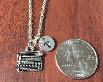 Typewriter initial necklace, typewriter jewelry, gift for writer, typist necklace, writer necklace, silver typewriter necklace