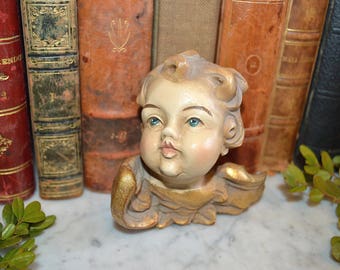 Vintage German Carved Painted Gilded Wood Look Cherub Angel Head with Wings