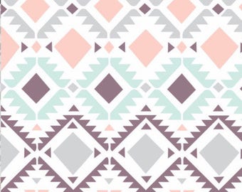 Smooth Minky Fabric by the yard Coral Mint Gray Plum. Girl Tribal print nursery fabric.